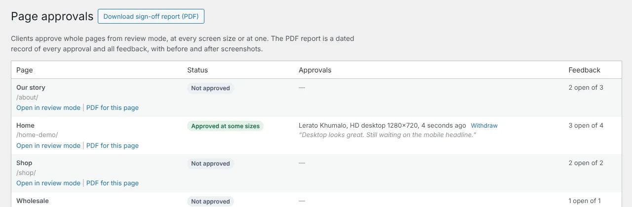 The Approvals screen listing each page's approval status.