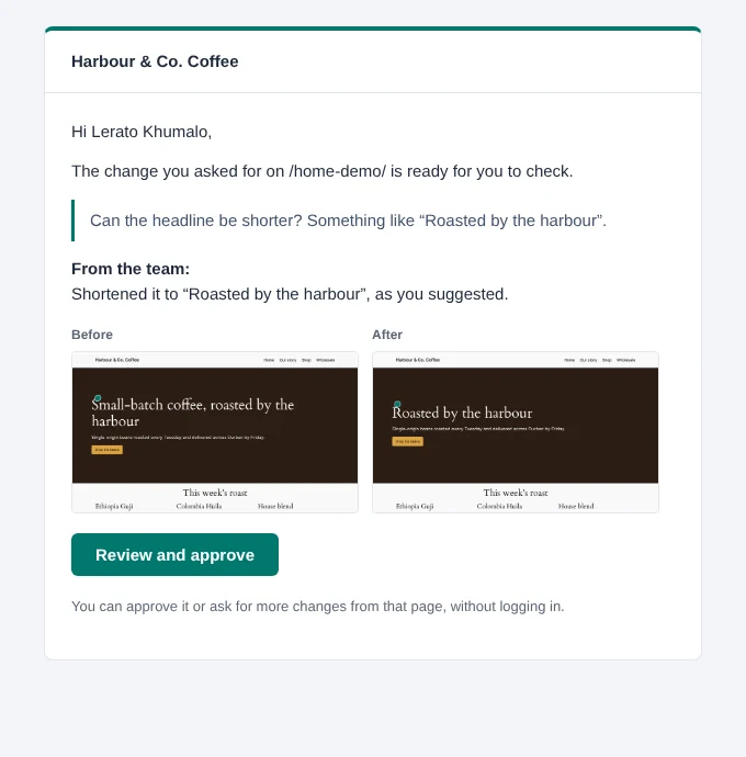 The 'Ready for your review' email with before and after images.
