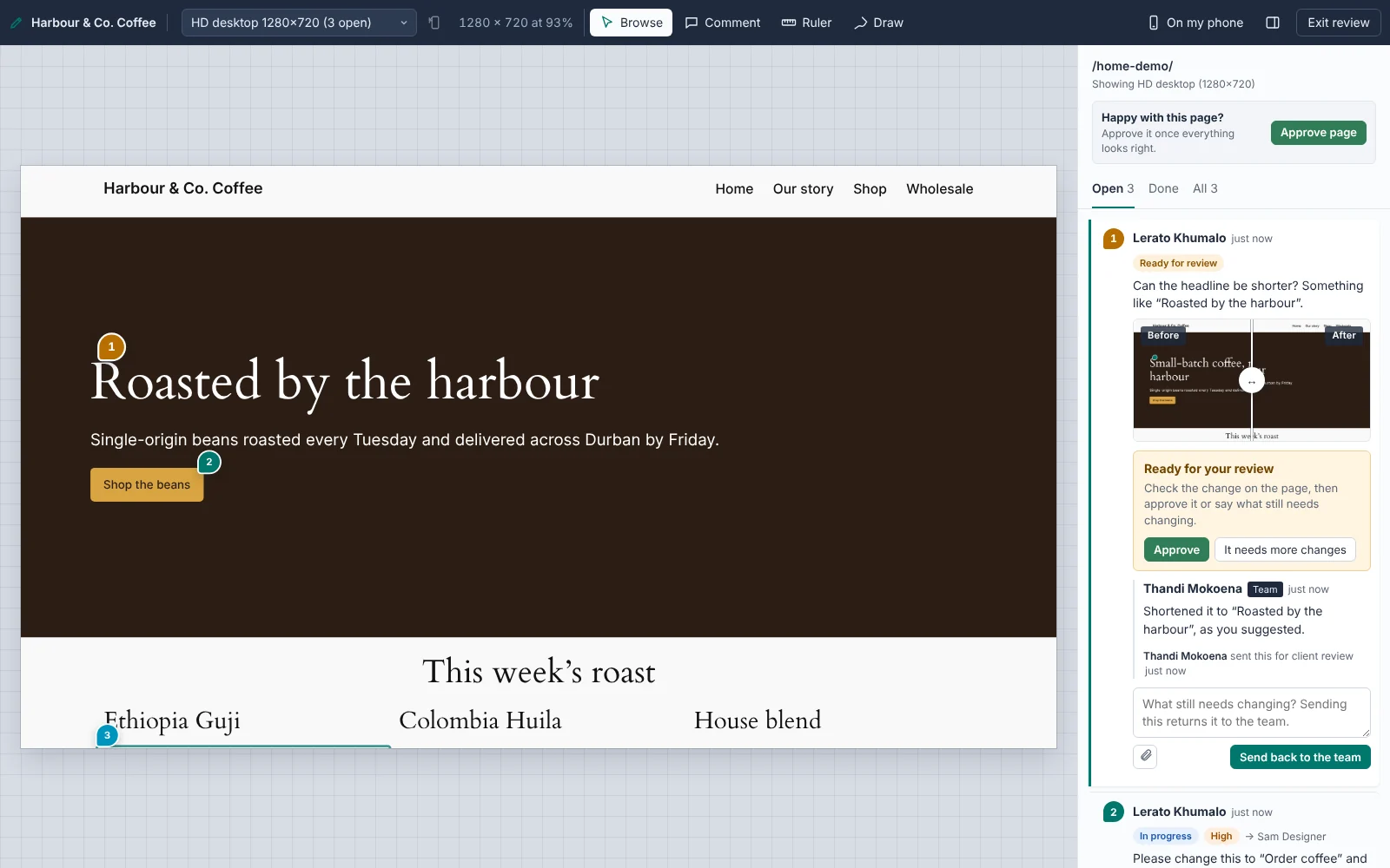Review mode on a coffee shop website: numbered pins on the headline and button, and a sidebar asking the client to approve a change, with before and after screenshots.