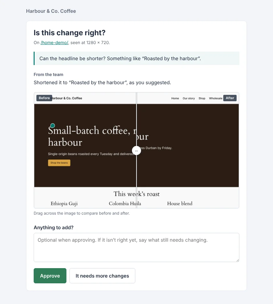 The client sign-off page with a before and after slider and Approve button.