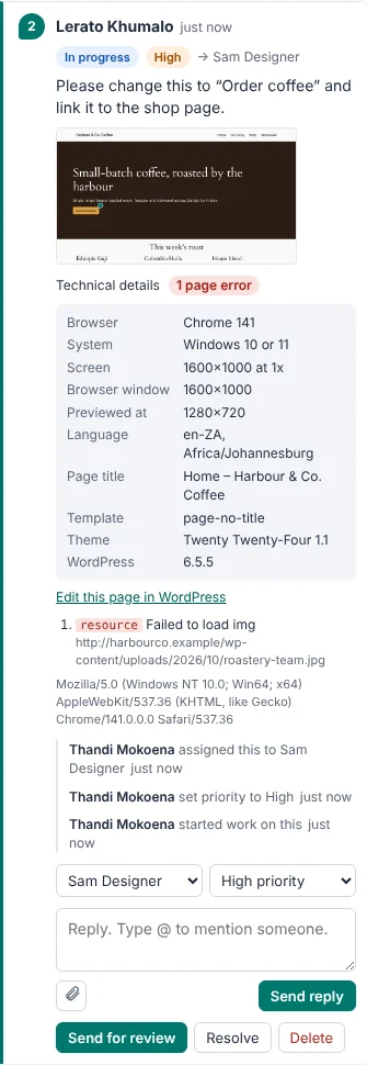 A comment's technical details: browser, system, screen and page errors.