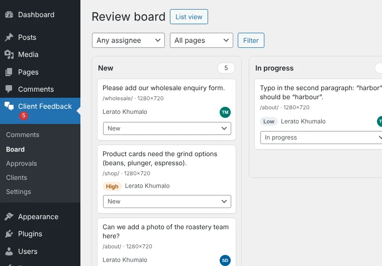 The WordPress menu showing 'Client Feedback' instead of the plugin's name.