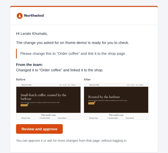 A 'Ready for your review' email sent by Northwind Studio in its orange colour.