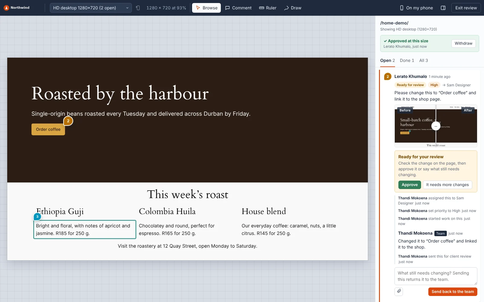 Review mode branded for an agency called Northwind, with its logo in the toolbar and orange pins and buttons.