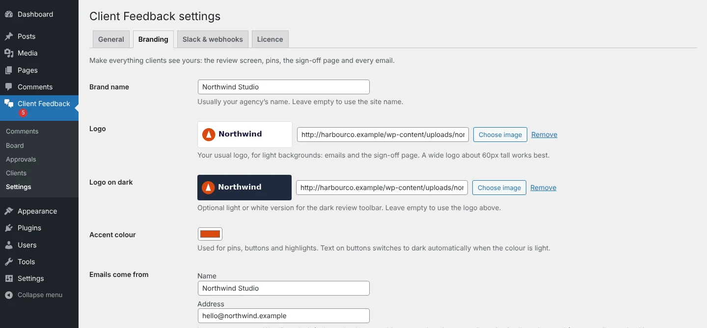 The branding settings: brand name, logos, accent colour, email sender and menu label.